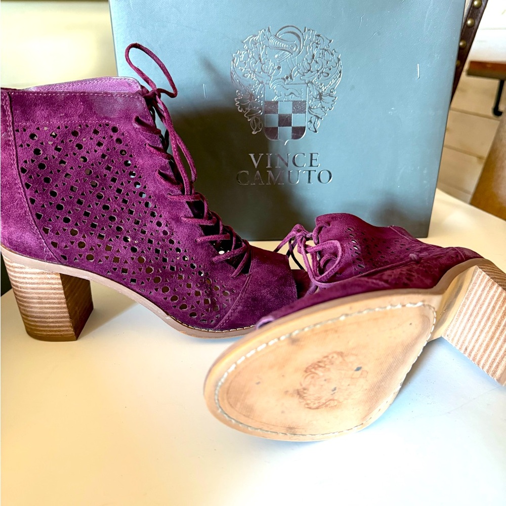 Vince Camuto Trevan Sugar Plum Suede Perforated Lace Up Heeled Bootie